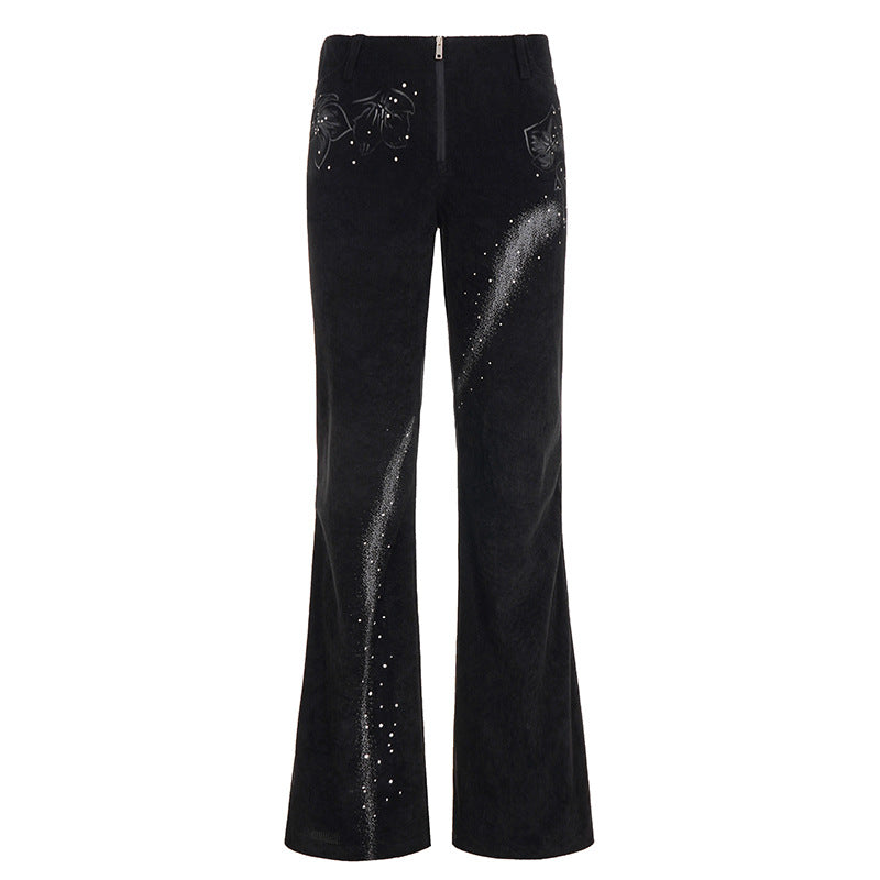 Women’s flared corduroy pants with glitter stripes and floral embroidery, high waistband Mune Fashion