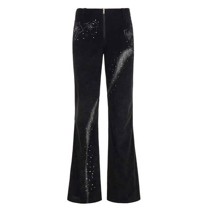 Women’s flared corduroy pants with glitter stripes and floral embroidery, high waistband Mune Fashion