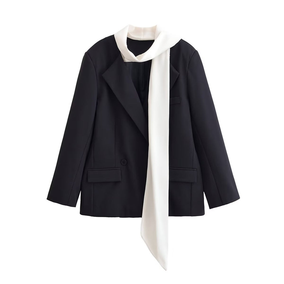 Women's Short Blazer with Attached Bow Tie and Patch Pockets Mune Fashion