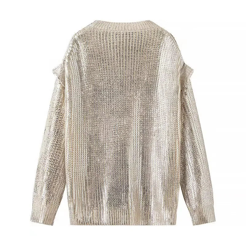 Women's lightly glossy chunky knit sweater with cut-out shoulders and round neckline Mune Fashion