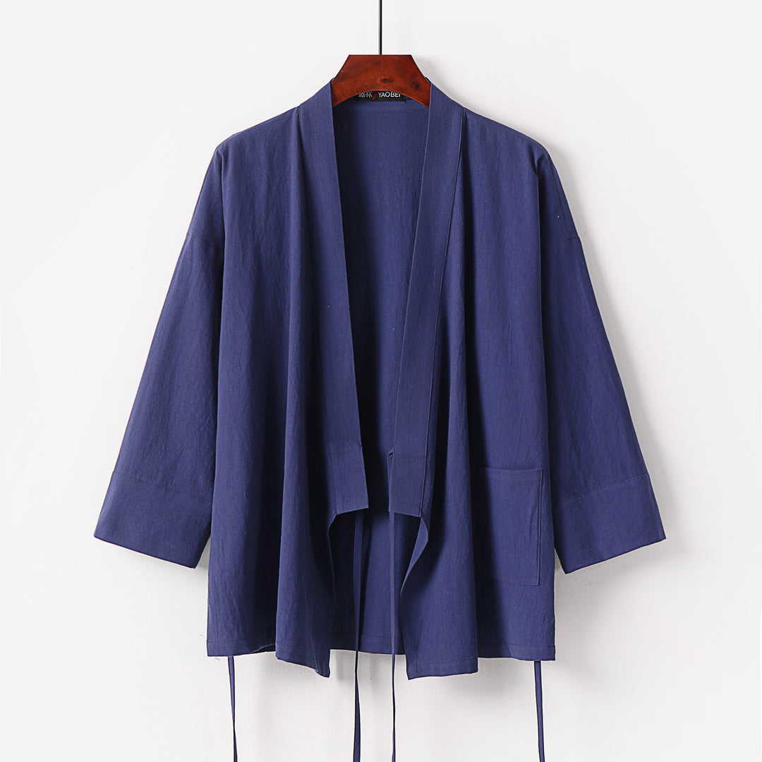 Ladies Kimono Cardigan made of cotton-linen with three-quarter sleeves, tie belt and patch pockets Mune Fashion