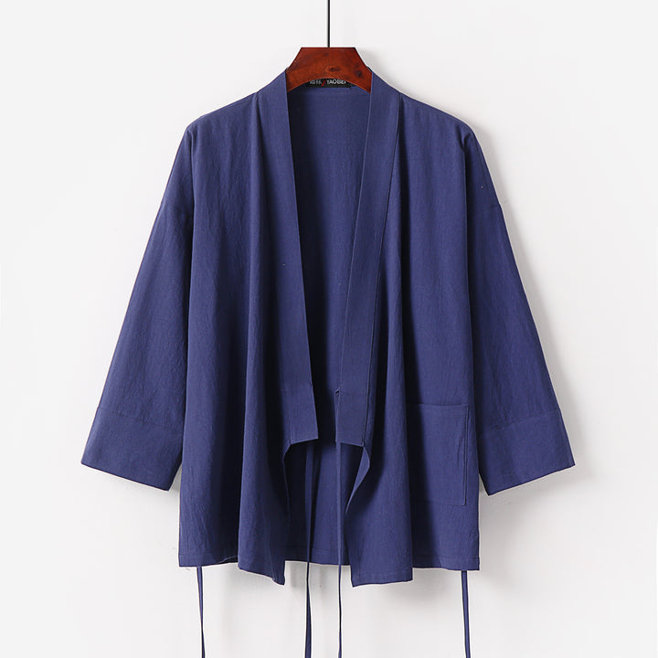 Ladies Kimono Cardigan made of cotton-linen with three-quarter sleeves, tie belt and patch pockets Mune Fashion