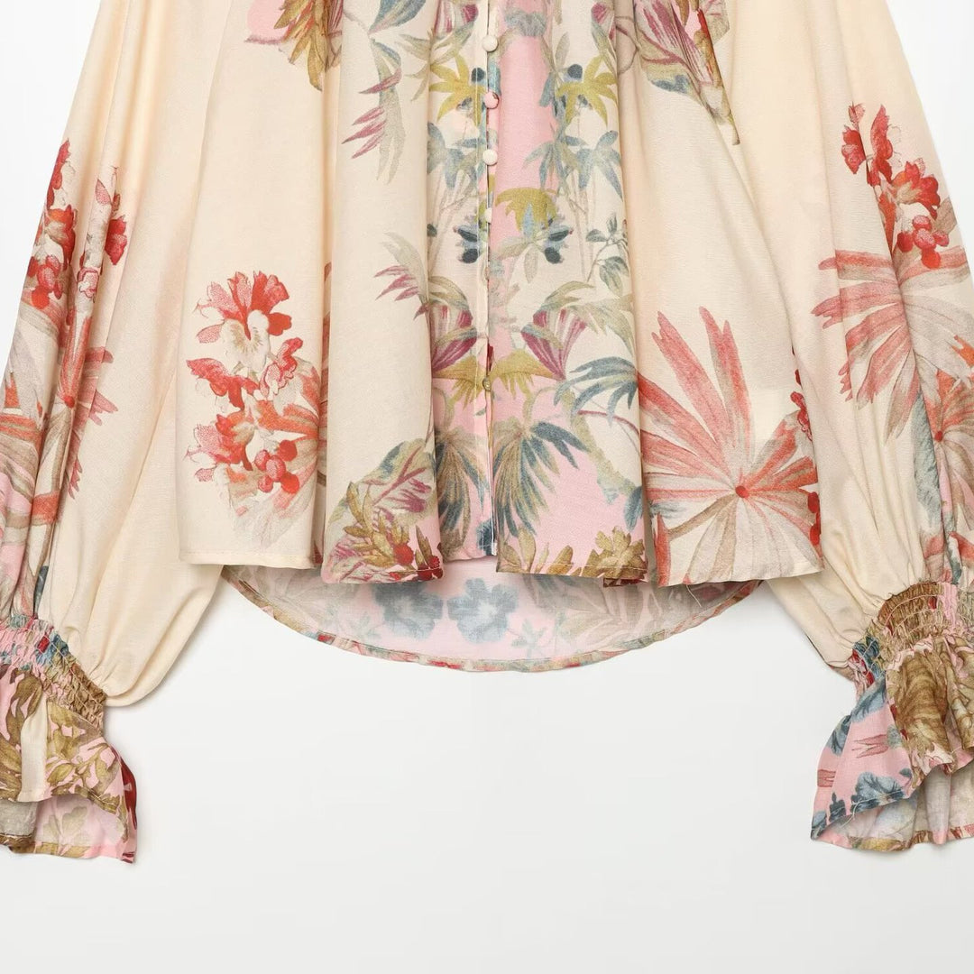 Women's Flowing Silk-like Blouse with Ruffle Collar, Button Placket and Balloon Sleeves Mune Fashion