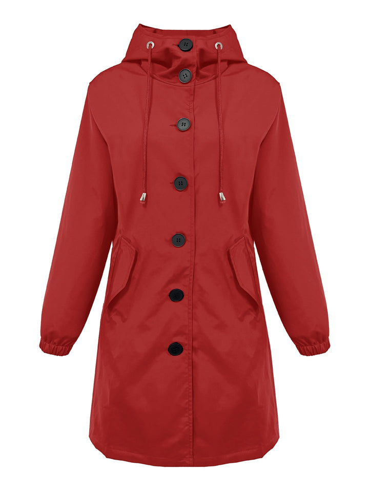Women nan lightweight rain parka with hood, oversized button placket, drawstring and patch pockets Mune Fashion