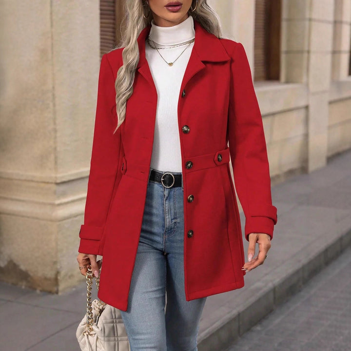 Women's Tailored Short Coat with Button Placket and Decorative Belt Drune