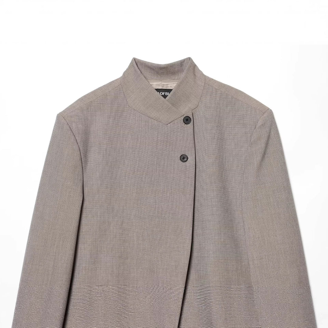 Women Short Tailored Blazer with Stand-Up Collar and Asymmetrical Button Placket Mune Fashion
