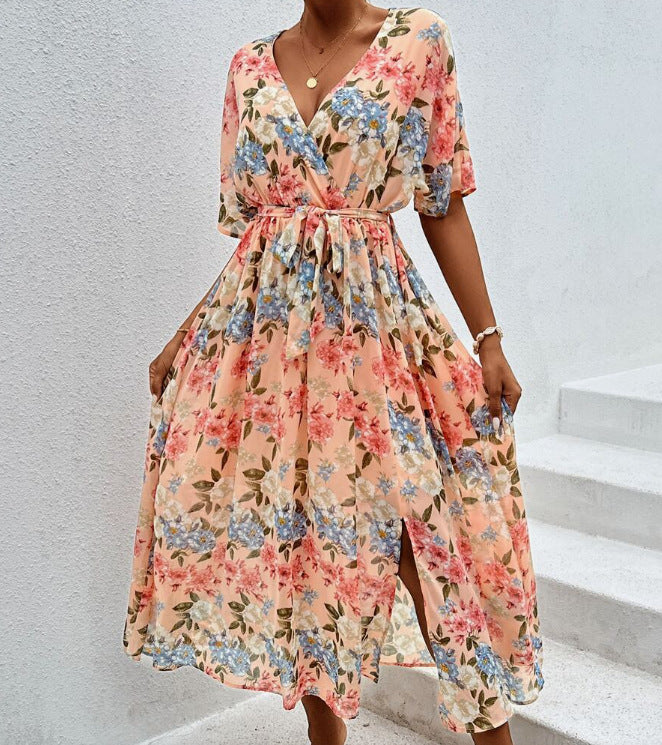 Women's floral V-neck tie dress with fitted belt and side leg slit Mune Fashion