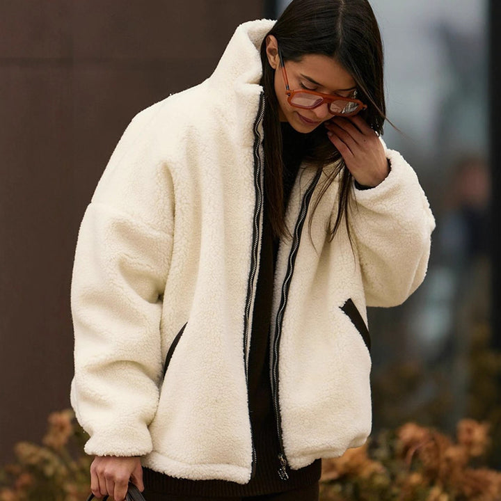 Women's teddy fleece oversized jacket with high stand-up collar, contrasting zip placket and insert pockets