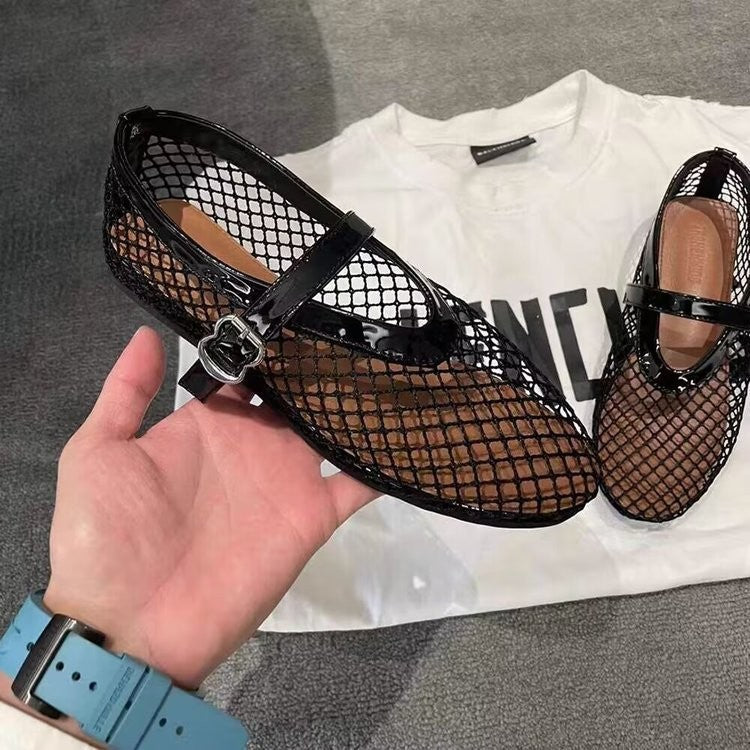 Women's mesh ballerinas with Mary Jane straps and braided sole Mune Fashion