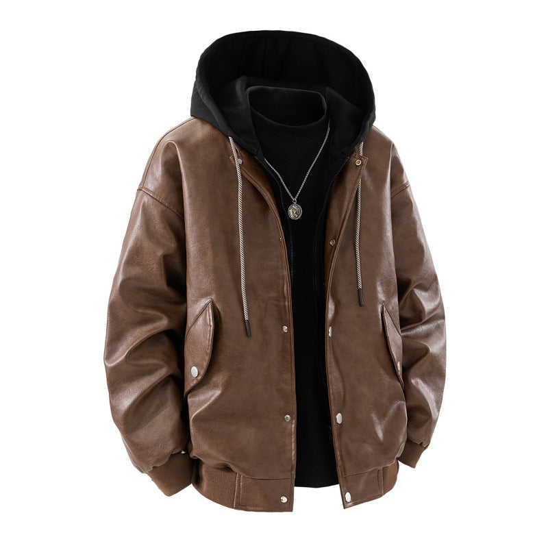 Men's oversized synthetic leather bomber jacket with contrasting hood, snap button placket and patch pockets Mune Fashion