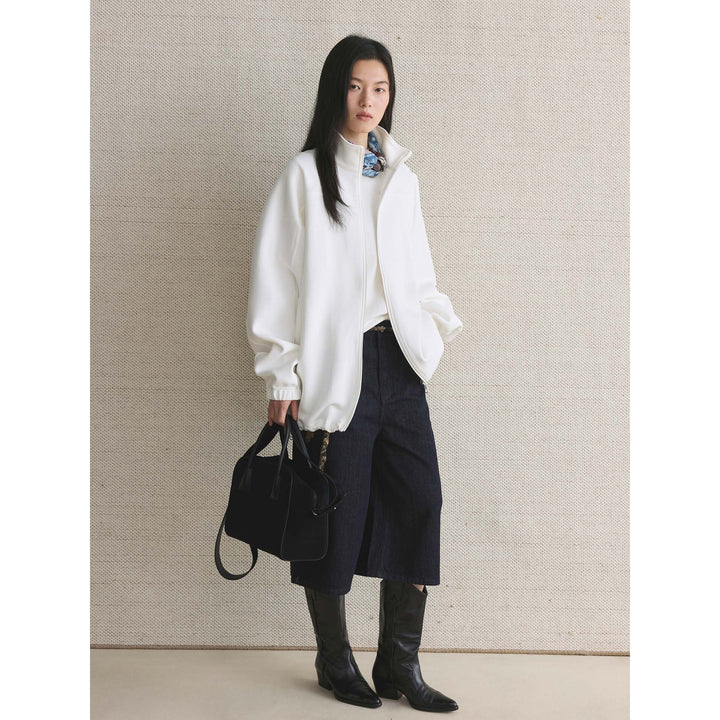 Women Oversize Zip Sweat Jacket with Stand Collar and Balloon Sleeves Mune Fashion