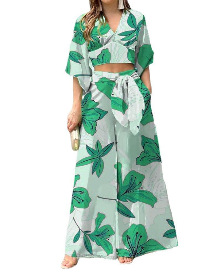 Women's Two-Piece Summer Set with Wrap Crop Top and High-Waist Palazzo Pants EB