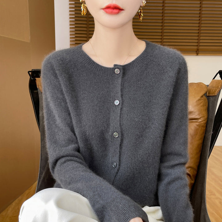 Women's Short-Cut Fine Knit Cardigan with Round Neck and Shimmering Button Placket Mune Fashion