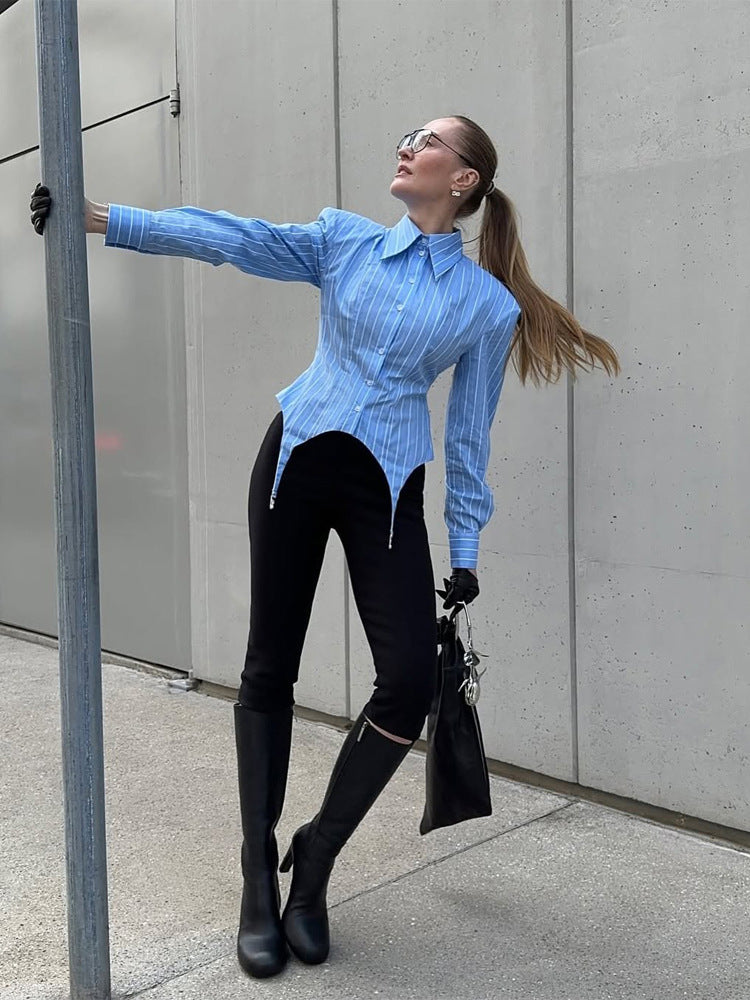 Women Tailored Striped Blouse with Pointed Peplum and Waist Gather Mune Fashion