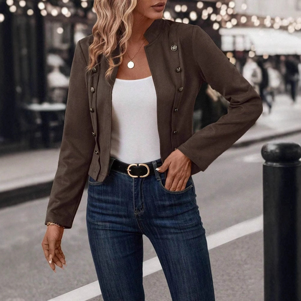 Women's fitted military jacket with stand-up collar and double button placket Mune Fashion