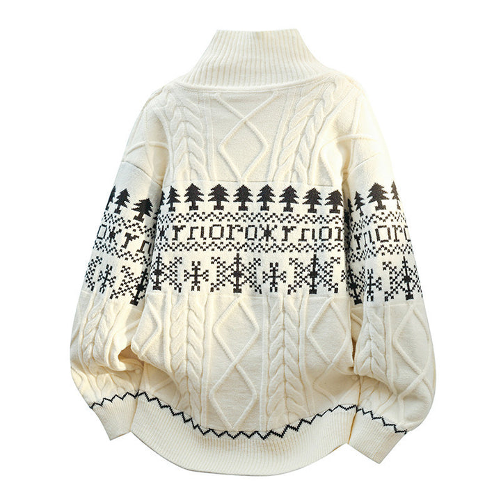 Women's knitted Norwegian cardigan with stand-up collar, cable pattern, and patch pockets Mune Fashion