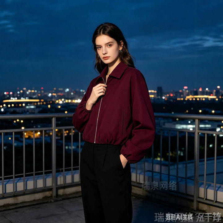 Women's Cropped Bomber Jacket with Balloon Sleeves, Elastic Hem and Lapel Collar Mune Fashion
