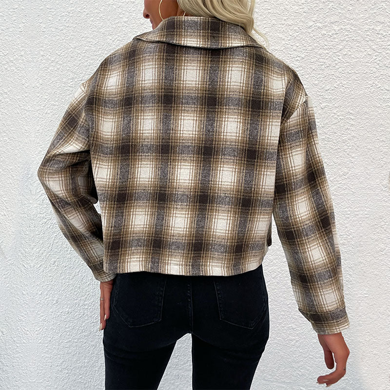 Women Check Overshirt Jacket with Boxy Short Cut and Applied Breast Pockets Mune Fashion
