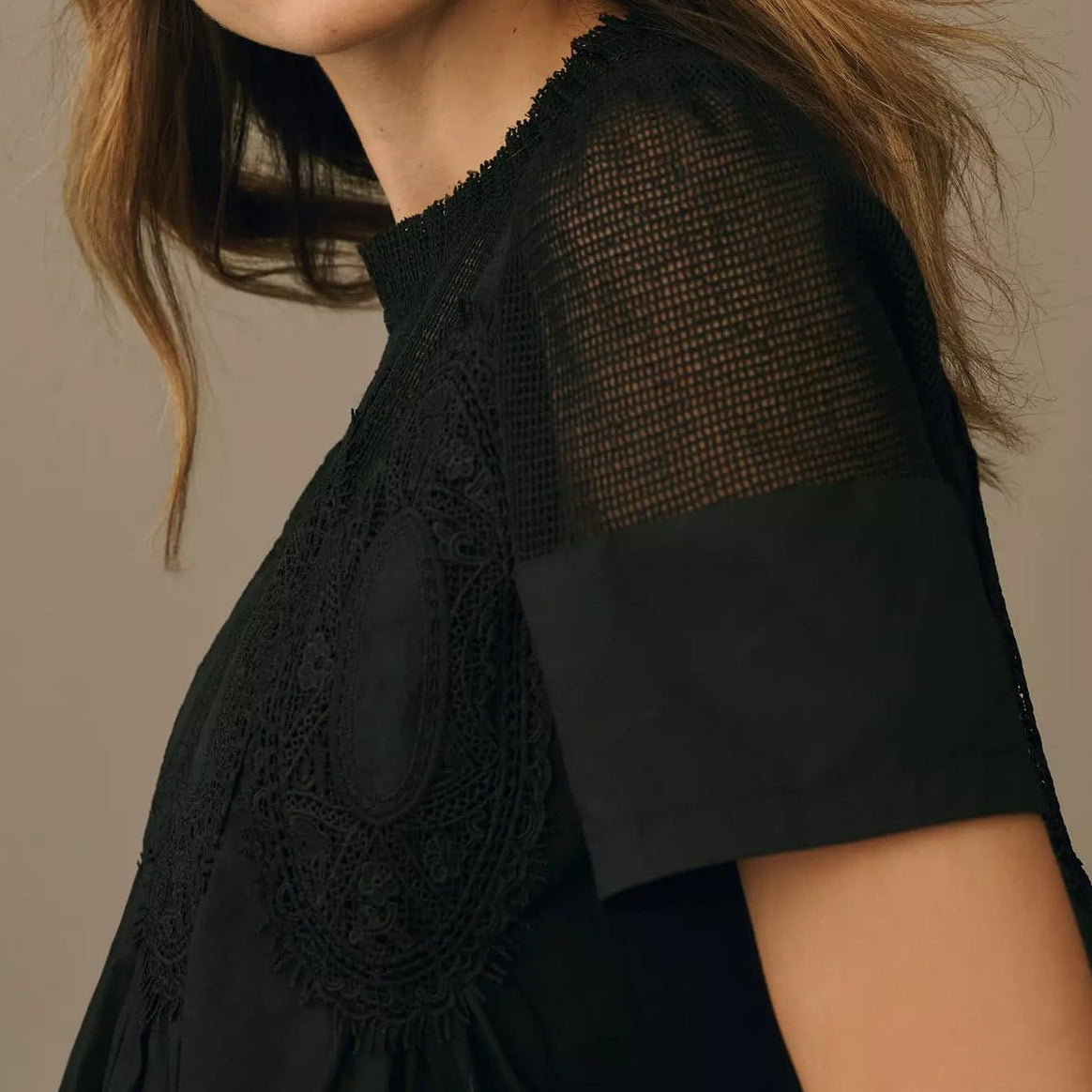 Ladies lace blouse top with stand-up collar, mesh insert and gathered A-line silhouette Mune Fashion