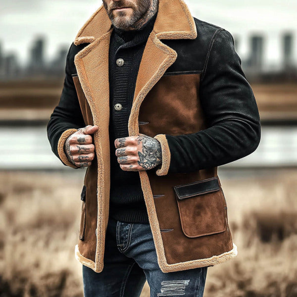 Men's Long Faux Shearling Coat with Shawl Collar, Contrast Sleeves, and Flap Pockets Mune Fashion