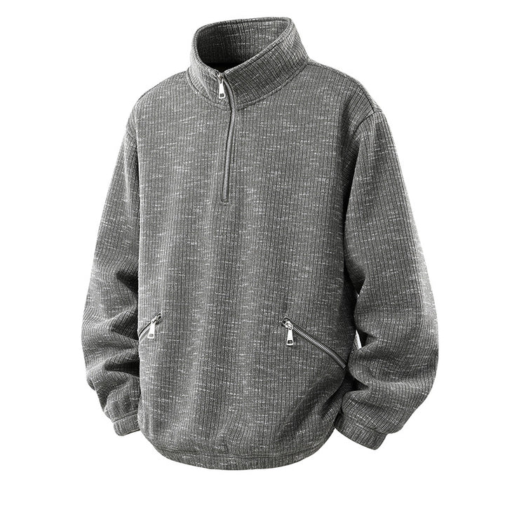 Men's Oversized Knit Look Half-Zip Sweater with Stand-Up Collar and Zip Pockets Mune Fashion