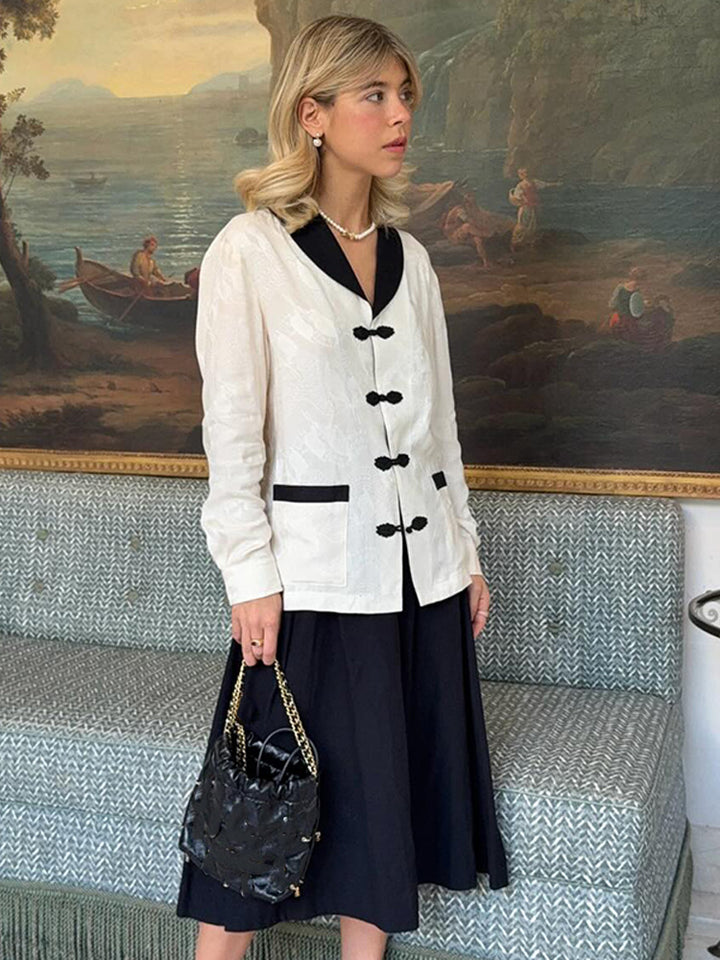 Women's Tailored Jacquard Jacket with Contrast Collar and Knot Closures Mune Fashion
