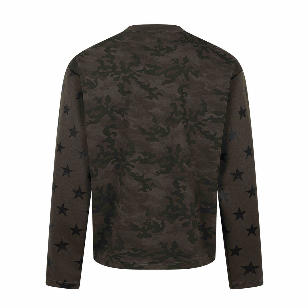 Unisex Oversize Sweatshirt with camouflage print, star sleeve appliqué and large metallic print Mune Fashion