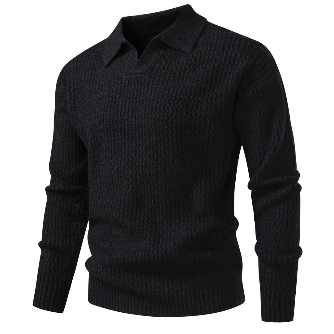 Men's polo collar fine knit sweater with textured wave design and ribbed hem Mune Fashion