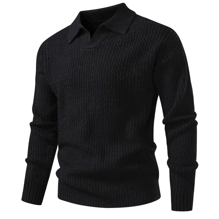 Men's polo collar fine knit sweater with textured wave design and ribbed hem Mune Fashion