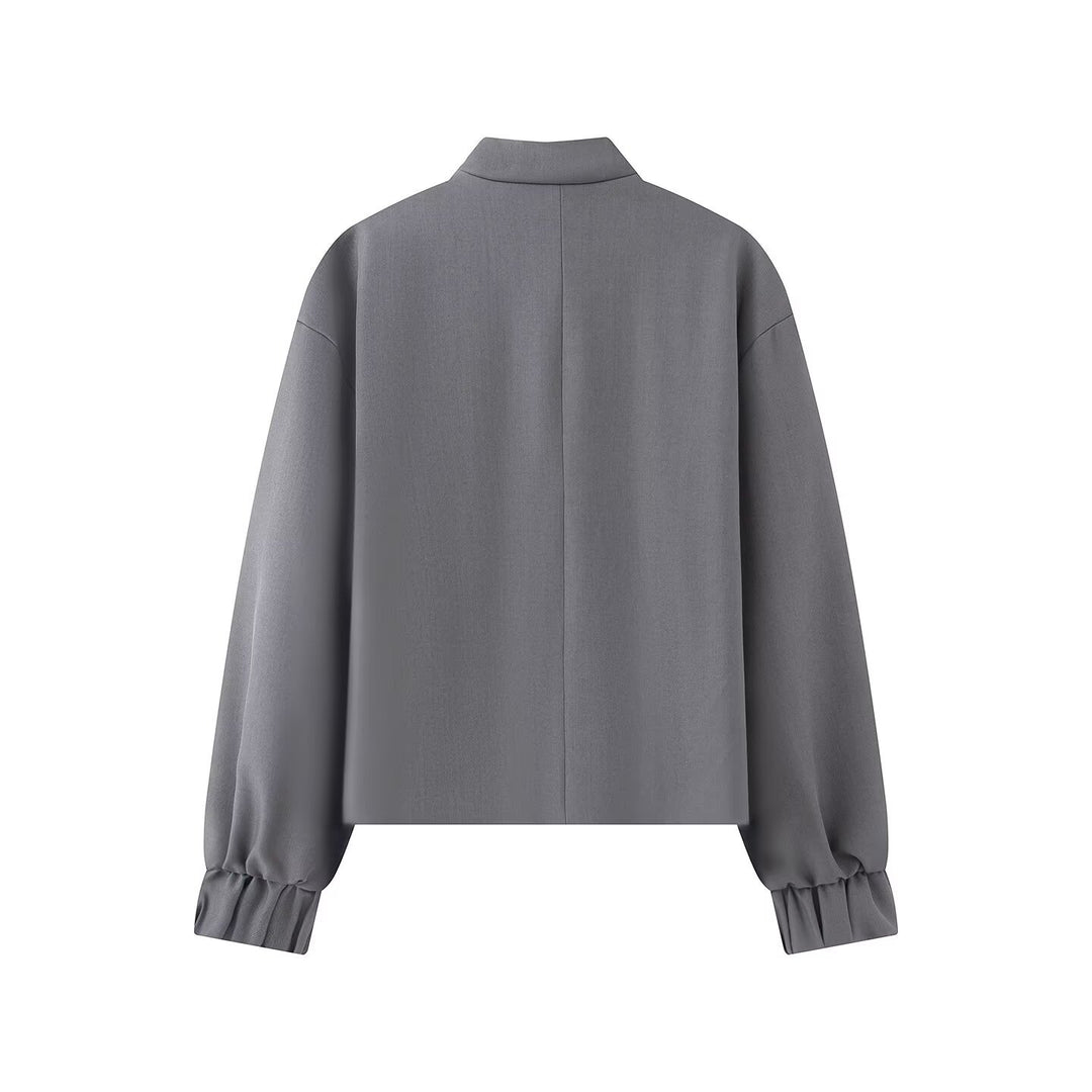Women's Short Boxy Jacket with Stand Collar and Knot Closure Details Mune Fashion