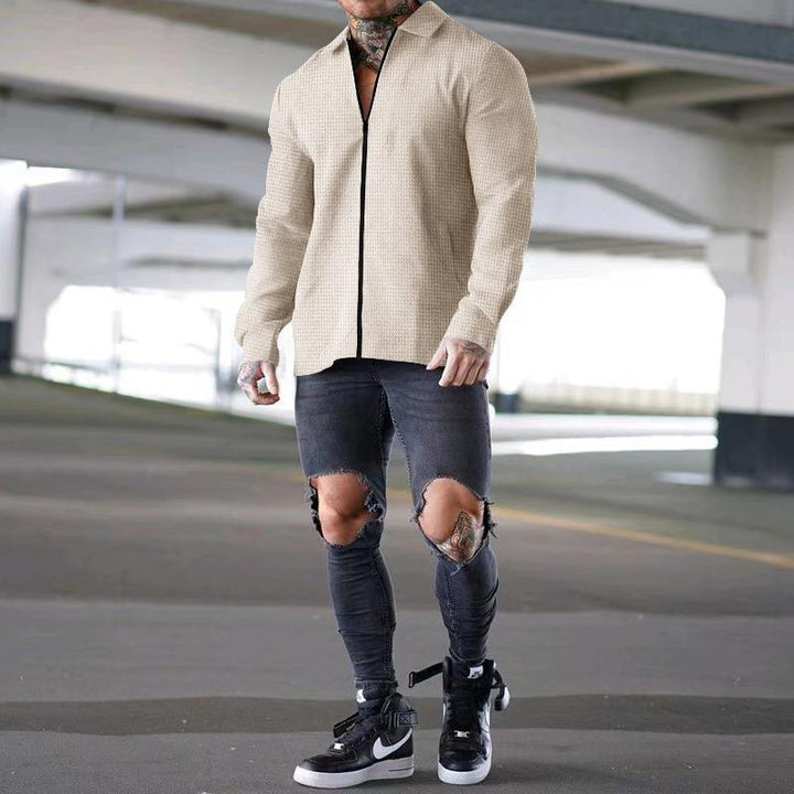 Men's structured long-sleeve shirt jacket with concealed half-zip, Kent collar, and light waffle texture Mune Fashion