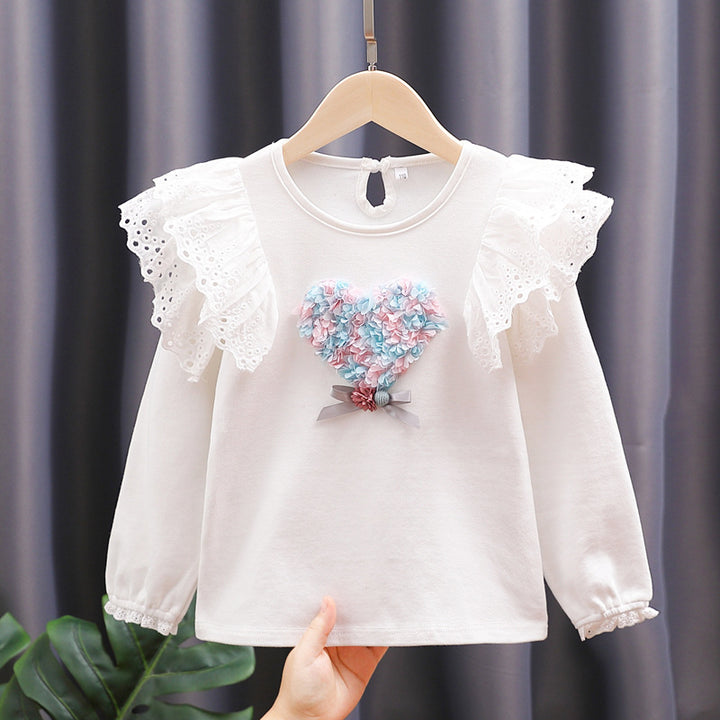 Girls Round Neck Sweatshirt with Ruffle Details and Heart Application Mune Fashion