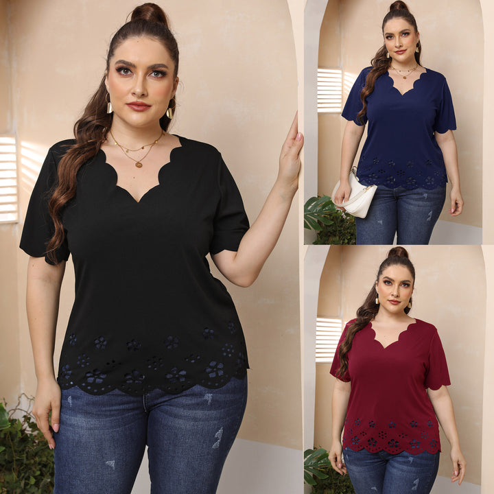 Women Elegant Top with Romantic Wave Pattern and Perforations Mune Fashion
