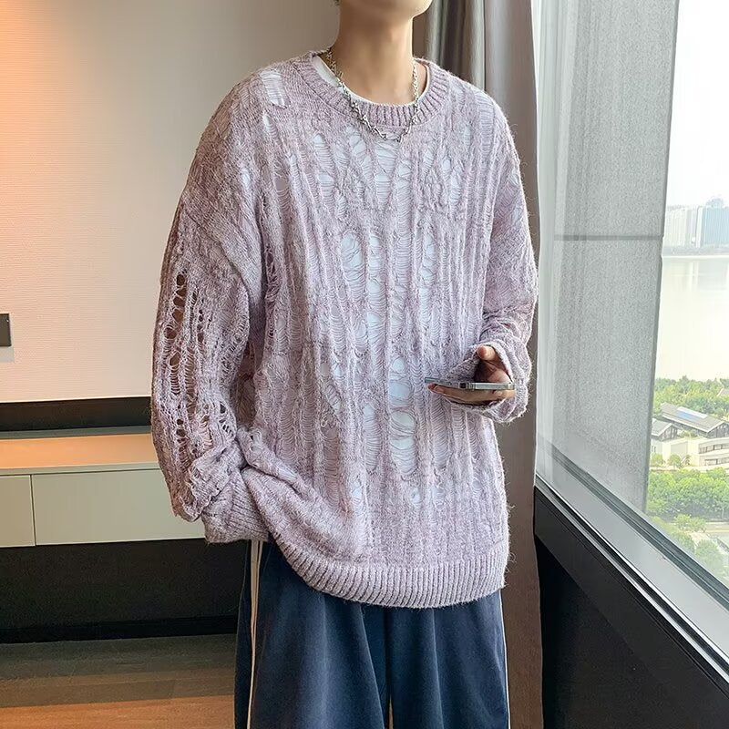 Men's Casual Knit Sweater with Hole Pattern Mune Fashion