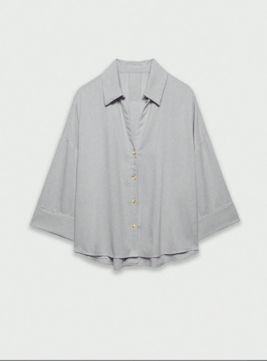 Women's Lightweight Oversized Linen Look Blouse with Three-Quarter Sleeves and Full Button Placket Mune Fashion