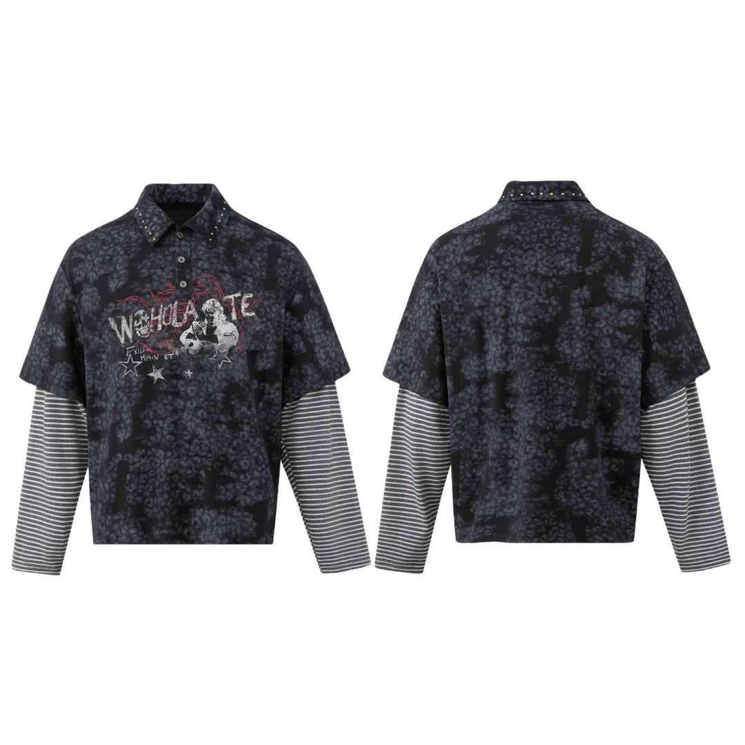 Men's layered look polo with studded collar and striped insert sleeves Mune Fashion