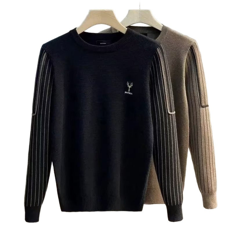 Men's fine-knit sweater with contrasting ribbed sleeves and embroidered stag logo Mune Fashion
