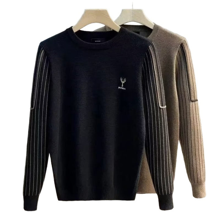 Men's fine-knit sweater with contrasting ribbed sleeves and embroidered stag logo Mune Fashion