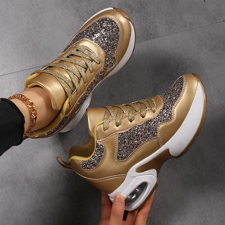 Ladies' fashionable platform sneakers with glitter accents and visible air cushioning Mune Fashion