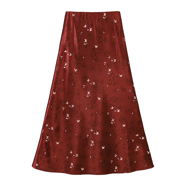 Women's A-line midi skirt in jacquard satin with floral and butterfly reliefs Mune Fashion