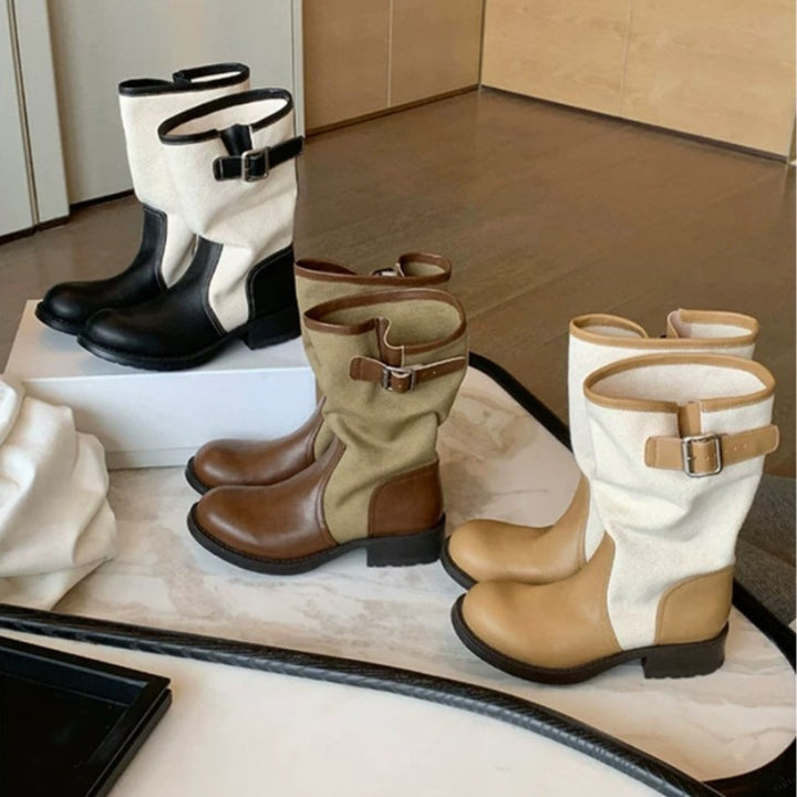 Women Leather-Linen Mid-Calf Boots with Buckle Straps Mune Fashion