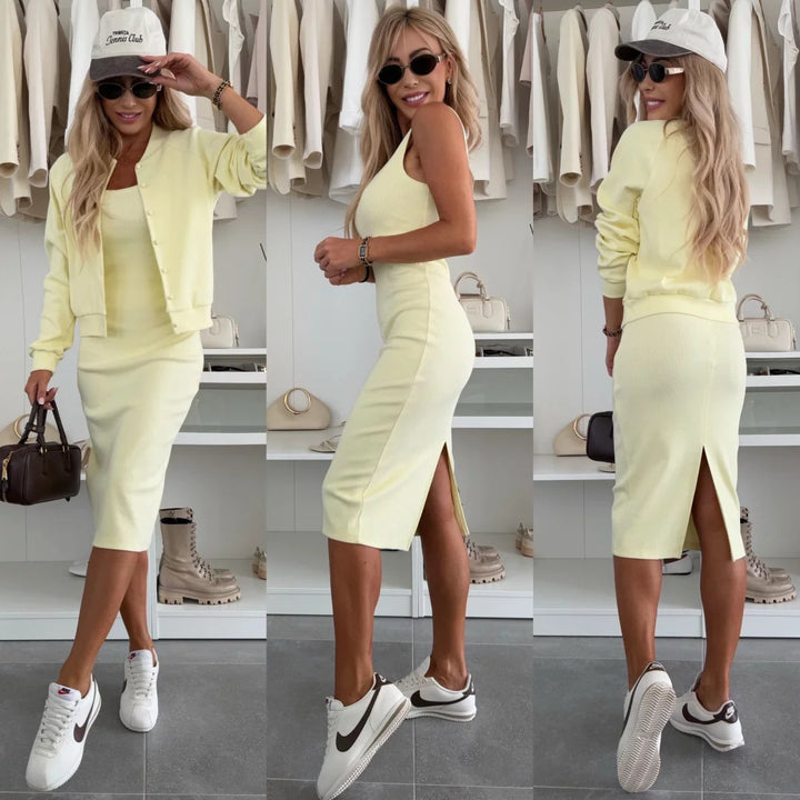 Women’s fitted knit midi dress with matching short jacket and round neckline Mune Fashion