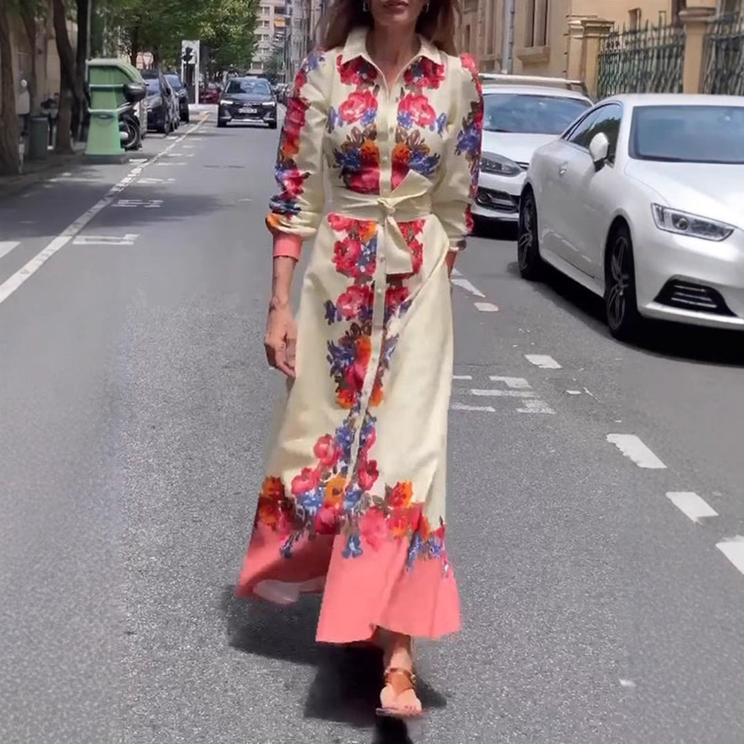 Women's long hem blouse dress with floral print, tie belt, and ruffle trim Mune Fashion
