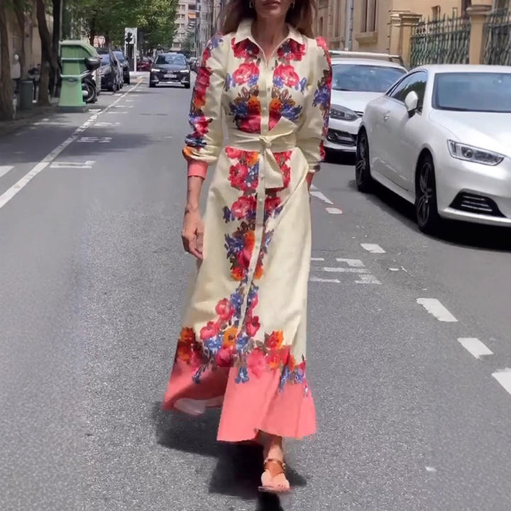 Women's long hem blouse dress with floral print, tie belt, and ruffle trim Mune Fashion