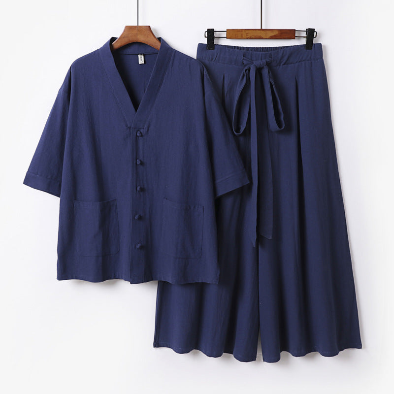 Women Two-Piece Kimono Lounge Set with Short Sleeve Button Jacket, Patch Pockets and Wide Palazzo Pants Mune Fashion