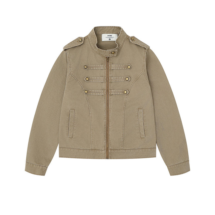 Women's military-inspired cotton canvas jacket with stand-up collar, decorative button plackets, and shoulder epaulets Mune Fashion