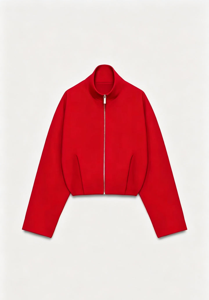 Women Short Boxy Jacket with Stand-up Collar and Visible Metal Zipper Mune Fashion