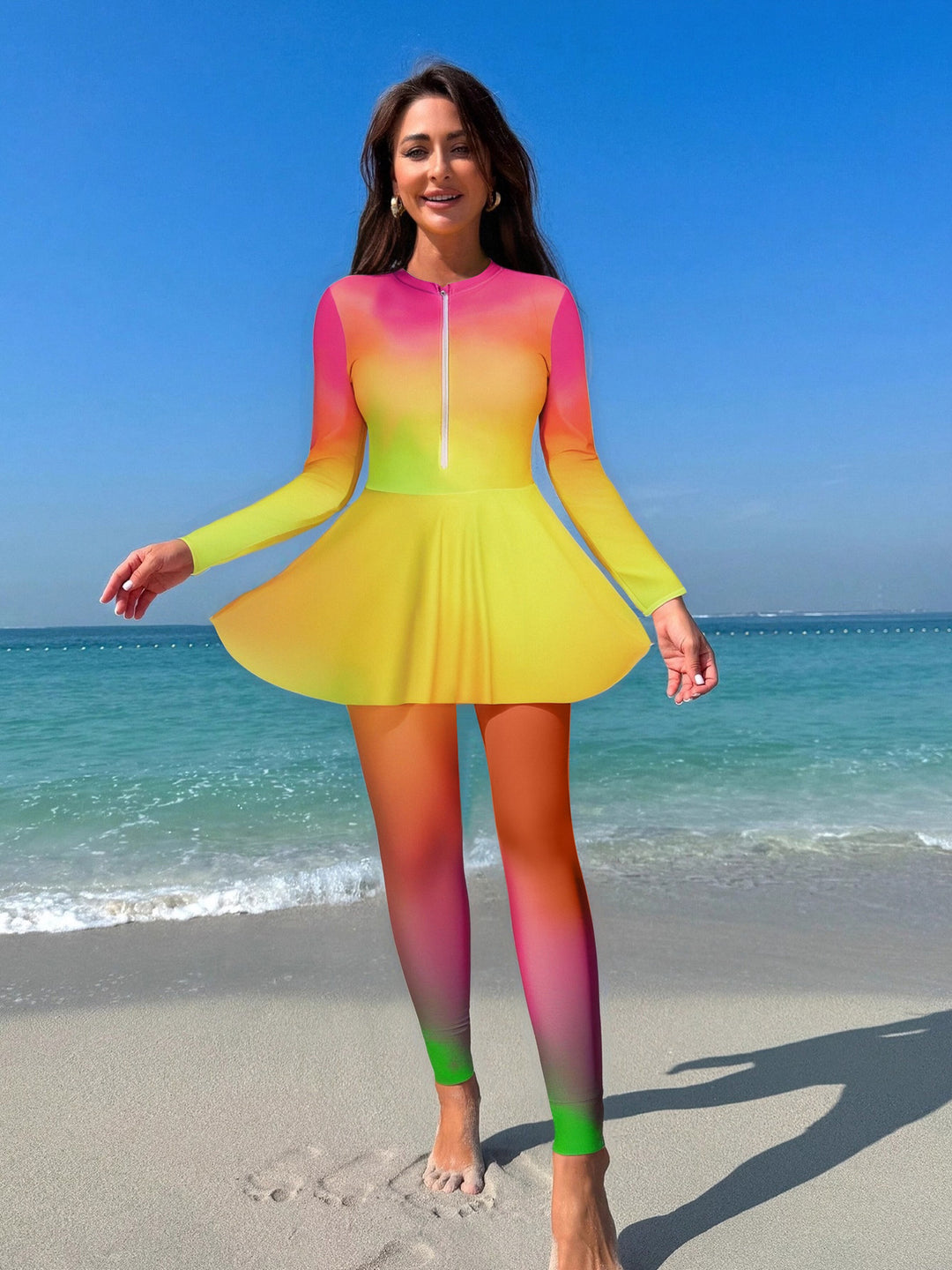 Ladies Sporty Long Sleeve Swimsuit with Flared Skirt Mune Fashion