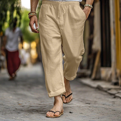 Men's casual linen jogger pants with elastic drawstring waistband, side pockets, and rollable hem Mune Fashion