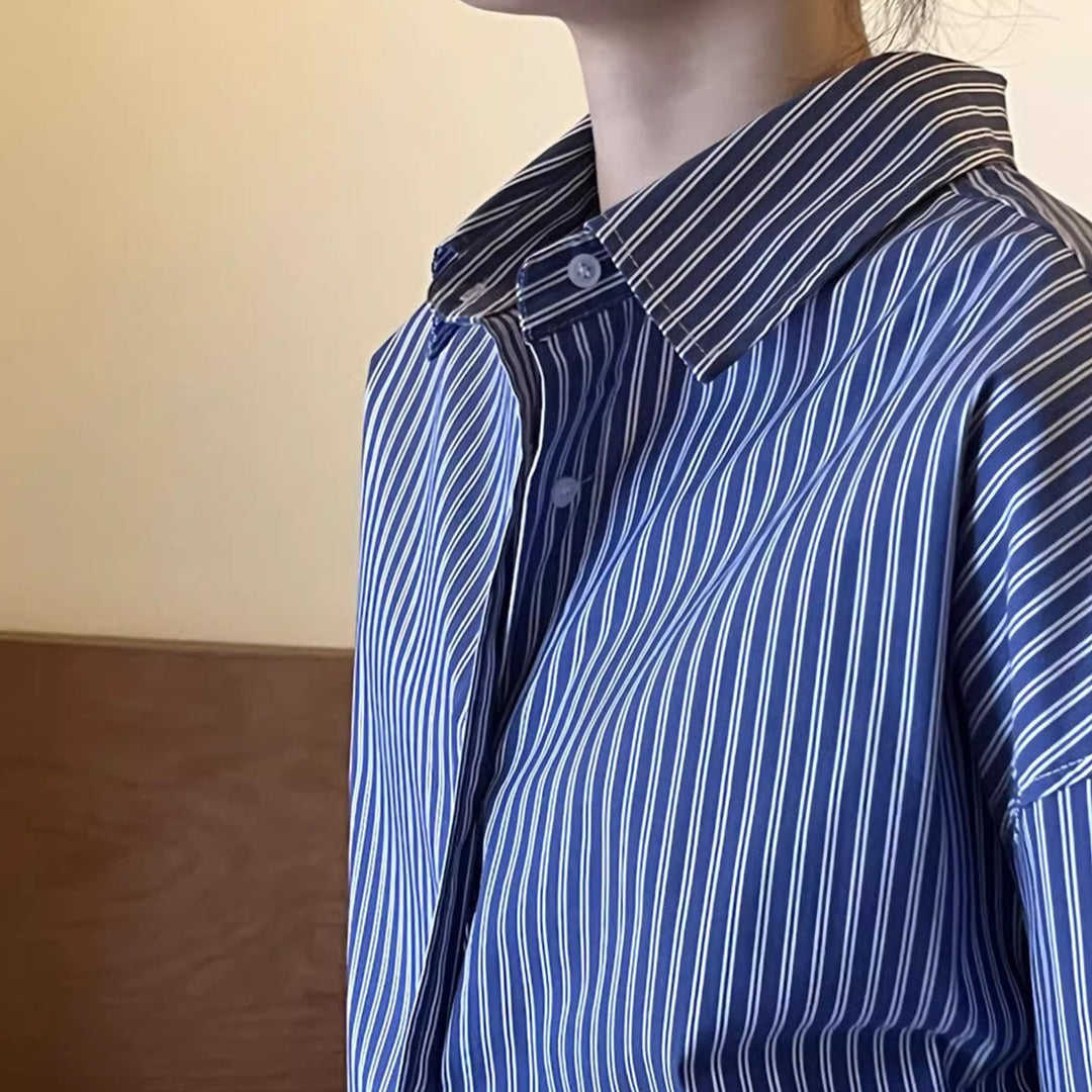 Women Oversized Long Sleeve Shirt Blouse with Vertical Stripes and Loose Fit Mune Fashion